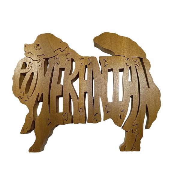 Pomeranian Dog Wooden Scroll Jigsaw Puzzle Figurine Art Wood USA Signed By Maker - Picture 1 of 5